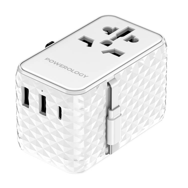 Powerology GaN 20W PD Universal Adapter with Retractable Type-C Cable, Simultaneous Charging, Includes Spare Fuse, Built-In Safeguard - White