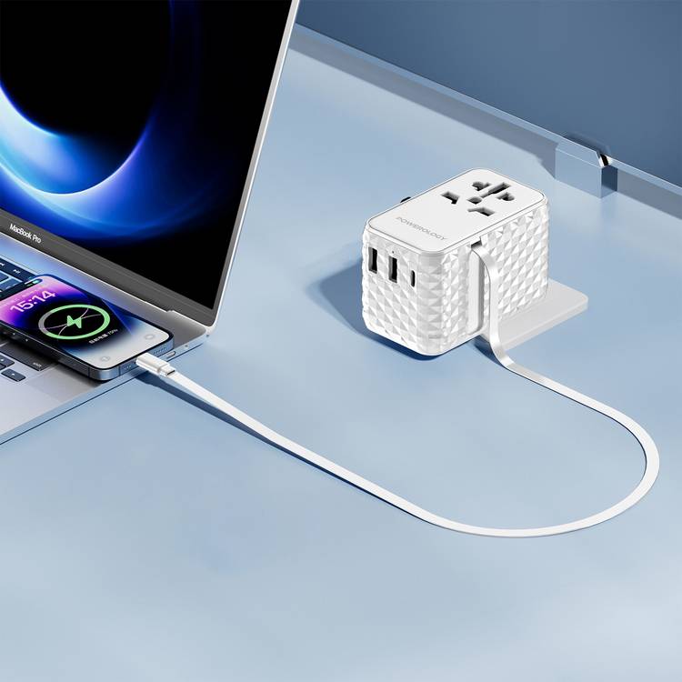 Powerology GaN 20W PD Universal Adapter with Retractable Type-C Cable, Simultaneous Charging, Includes Spare Fuse, Built-In Safeguard - White