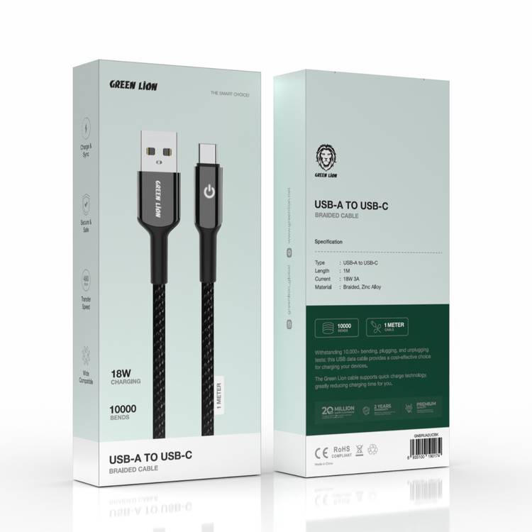 Green Lion USB-A to USB-C Braided Cable, 1m Length, Charge & Sync, Auto Disconnect, Secure & Safe, 10000 Bends - Black