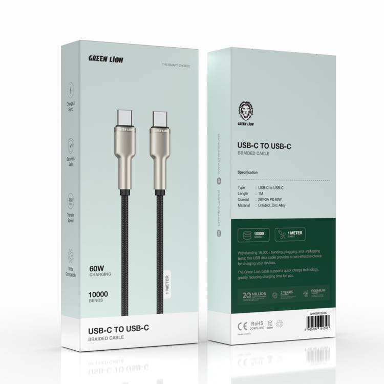 Green Lion USB-C to USB-C Cable, Fast Charging & Sync, Secure & Safe, 10000 Bends Life Span, Wide Compatibility, PD 60W - Black