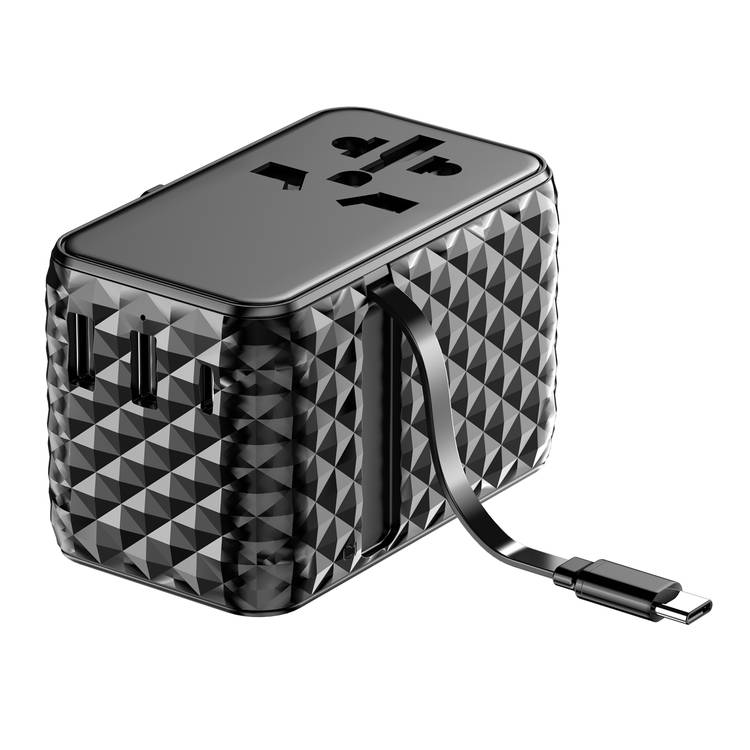 Powerology GaN 20W PD Universal Adapter with Retractable Type-C Cable, Simultaneous Charging, Includes Spare Fuse, Built-In Safeguard - Black