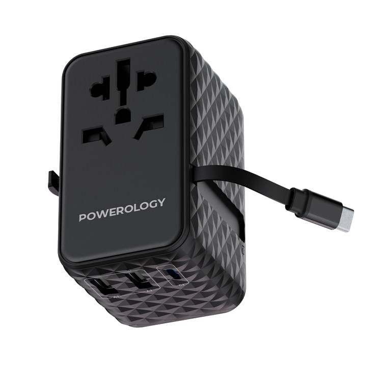 Powerology GaN 20W PD Universal Adapter with Retractable Type-C Cable, Simultaneous Charging, Includes Spare Fuse, Built-In Safeguard - Black