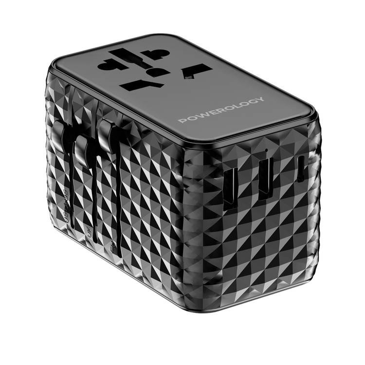 Powerology GaN 20W PD Universal Adapter with Retractable Type-C Cable, Simultaneous Charging, Includes Spare Fuse, Built-In Safeguard - Black