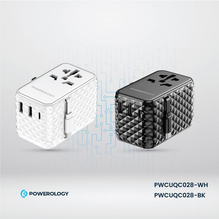 Powerology GaN 20W PD Universal Adapter with Retractable Type-C Cable, Simultaneous Charging, Includes Spare Fuse, Built-In Safeguard - Black