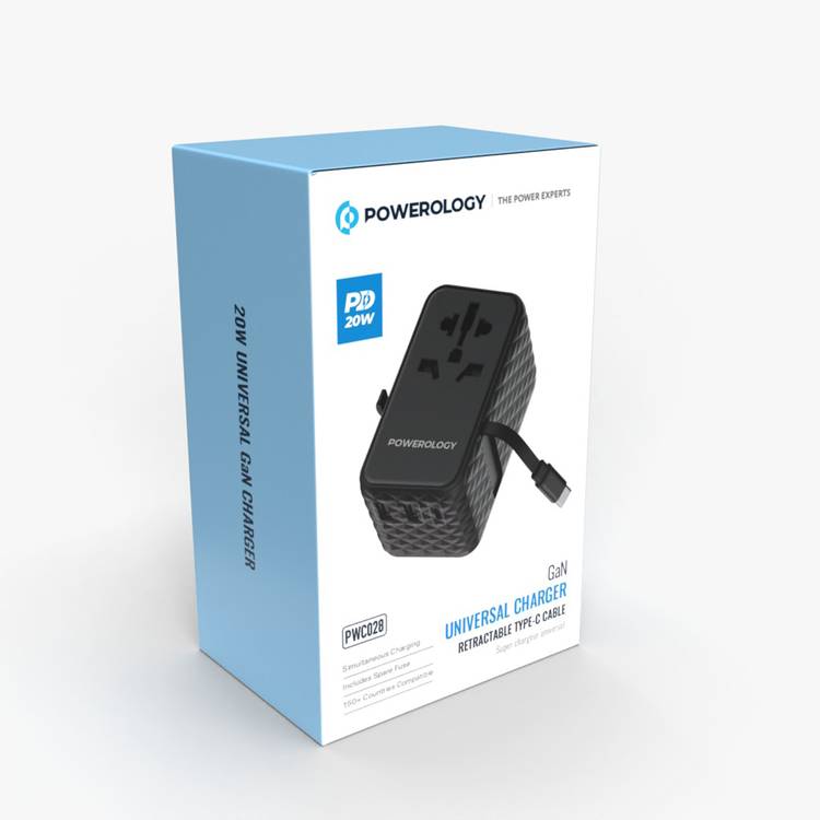 Powerology GaN 20W PD Universal Adapter with Retractable Type-C Cable, Simultaneous Charging, Includes Spare Fuse, Built-In Safeguard - Black