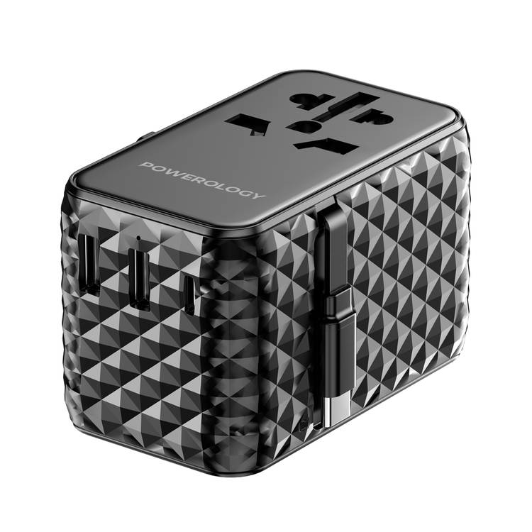 Powerology GaN 20W PD Universal Adapter with Retractable Type-C Cable, Simultaneous Charging, Includes Spare Fuse, Built-In Safeguard - Black