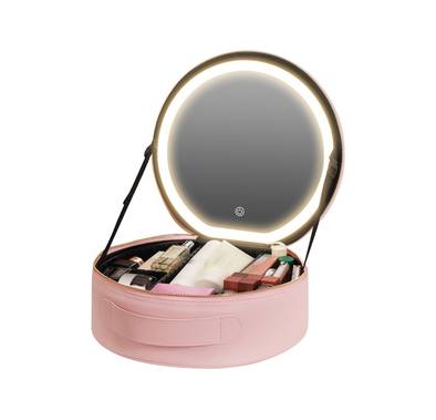Green Lion Makeup Organizer Pro with 4K Mirror, PU Leather & ABS Material, 2000mAh Battery Capacity, Comfortable Handle, Waterproof, Travel Friendly, Adjustable Partition - Pink