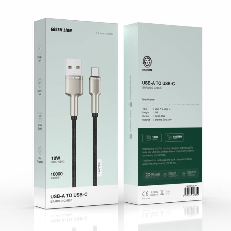 Green Lion USB-A to USB-C Cable, Fast Charging & Sync, Secure & Safe, 10000 Bends Life Span, Wide Compatibility, PD 18W - Black