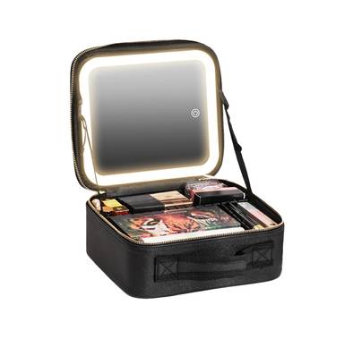 Green Lion Makeup Organizer with 4K Mirror, 72 LED Beads Light, 2-3 Hours Charging Time, 3-5 Hours Working Time, PU Leather & ABS Material, Waterproof, 2000mAh Battery Capacity, Adjustable Brightness, Adjustable Partition - Black