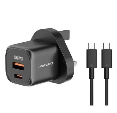 Porodo Dual Port Wall Charger with USB-C to USB-C Cable, Over-Heat Protection, Simultaneous Charging, Reliable Companion - Black