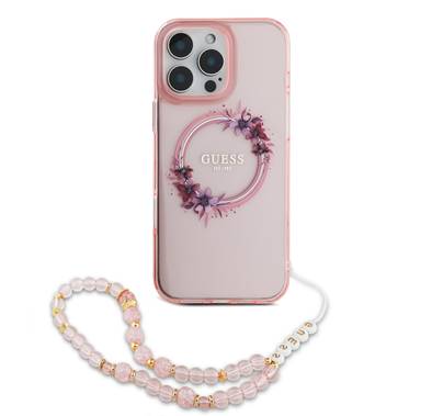 Guess Magsafe IML Hard Case for iPhone 16 Pro with Flower Wreath Design & Pearl Strap, Lightweight, Comfortable Grip, Drop Protection - Pink