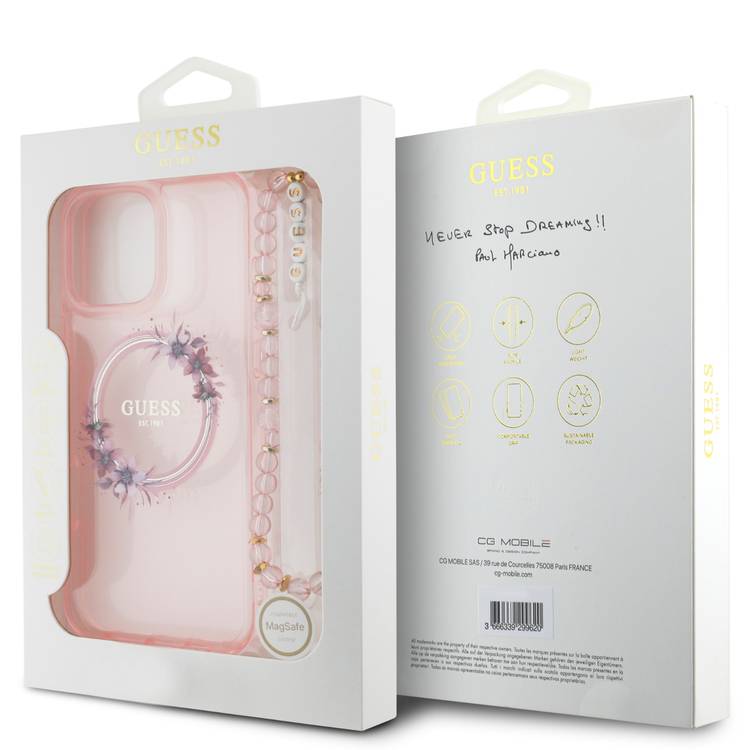 Guess Magsafe IML Hard Case for iPhone 16 Pro Max with Flower Wreath Design & Pearl Strap, Lightweight, Comfortable Grip, Drop Protection -Pink