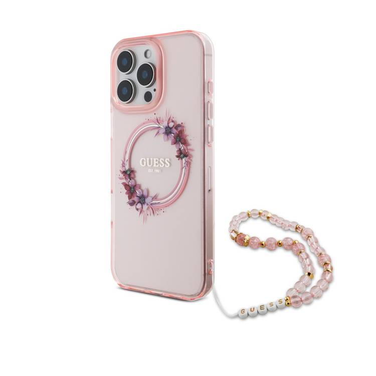 Guess Magsafe IML Hard Case for iPhone 16 Pro Max with Flower Wreath Design & Pearl Strap, Lightweight, Comfortable Grip, Drop Protection -Pink