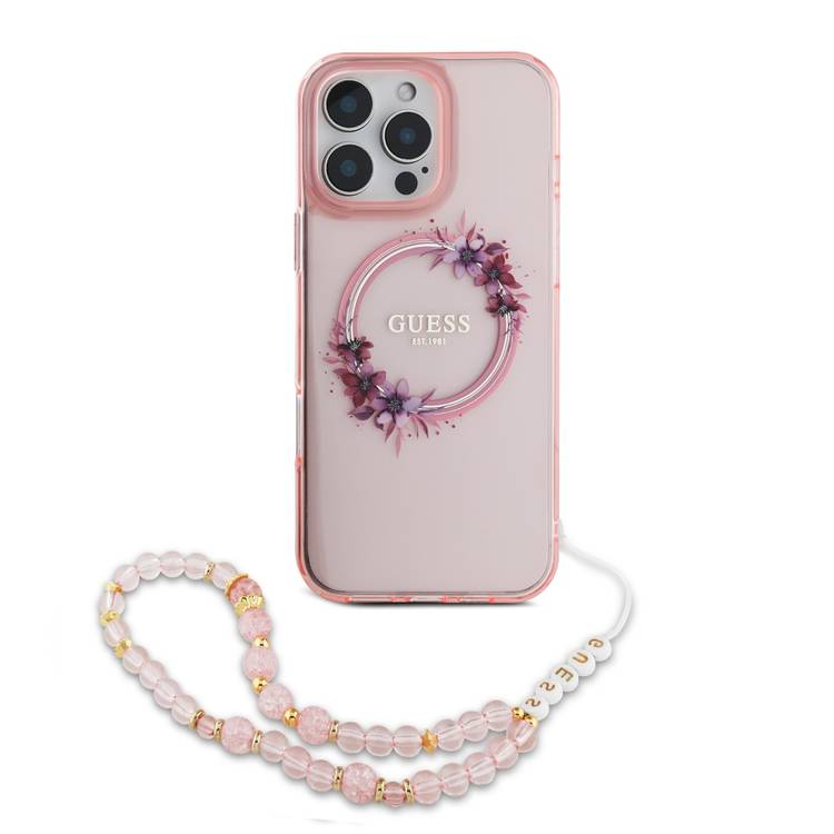 Guess Magsafe IML Hard Case for iPhone 16 Pro Max with Flower Wreath Design & Pearl Strap, Lightweight, Comfortable Grip, Drop Protection -Pink