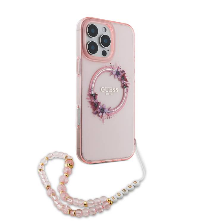 Guess Magsafe IML Hard Case for iPhone 16 Pro Max with Flower Wreath Design & Pearl Strap, Lightweight, Comfortable Grip, Drop Protection -Pink
