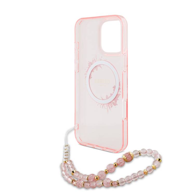 Guess Magsafe IML Hard Case for iPhone 16 Pro Max with Flower Wreath Design & Pearl Strap, Lightweight, Comfortable Grip, Drop Protection -Pink