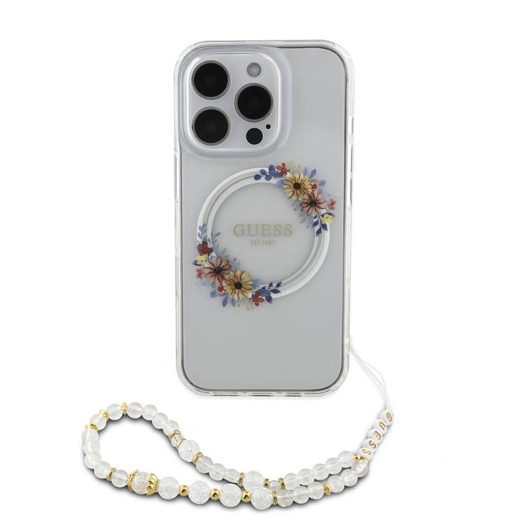 Guess Magsafe IML Hard Case for iPhone 16 Pro with Flower Wreath Design & Pearl Strap, Lightweight, Comfortable Grip, Drop Protection -Clear