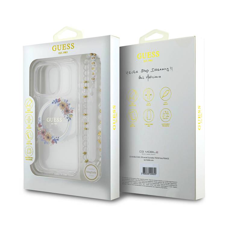 Guess Magsafe IML Hard Case for iPhone 16 Pro with Flower Wreath Design & Pearl Strap, Lightweight, Comfortable Grip, Drop Protection -Clear