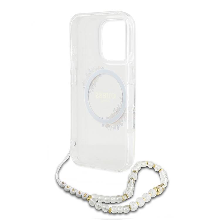 Guess Magsafe IML Hard Case for iPhone 16 Pro with Flower Wreath Design & Pearl Strap, Lightweight, Comfortable Grip, Drop Protection -Clear