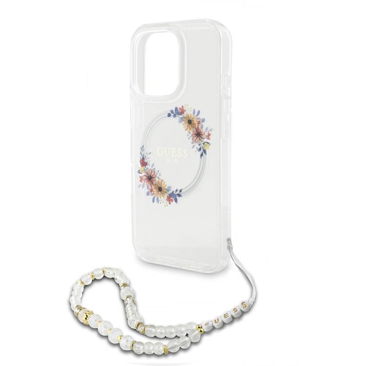 Guess Magsafe IML Hard Case for iPhone 16 Pro with Flower Wreath Design & Pearl Strap, Lightweight, Comfortable Grip, Drop Protection -Clear