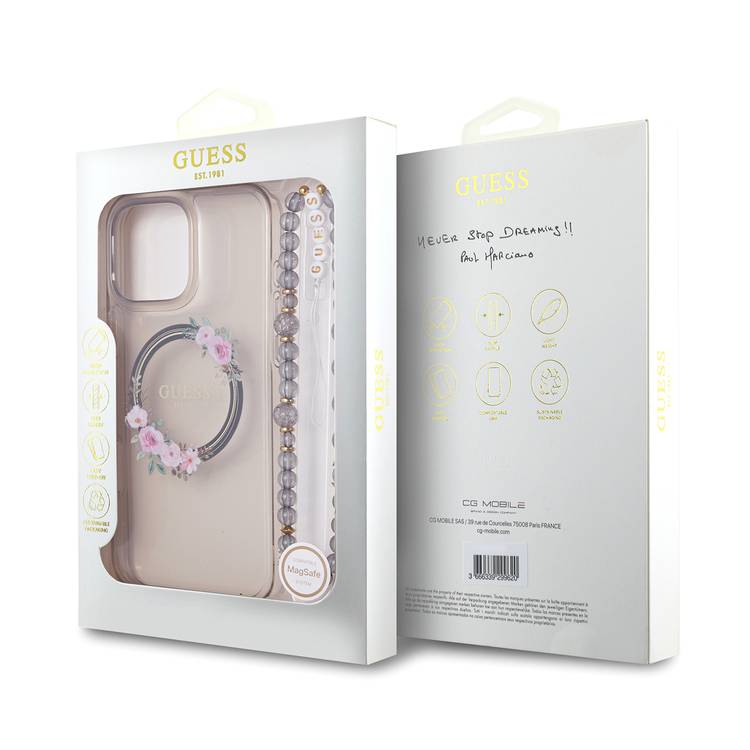 Guess Magsafe IML Hard Case for iPhone 16 Pro Max with Flower Wreath Design & Pearl Strap, Lightweight, Comfortable Grip, Drop Protection -Black 