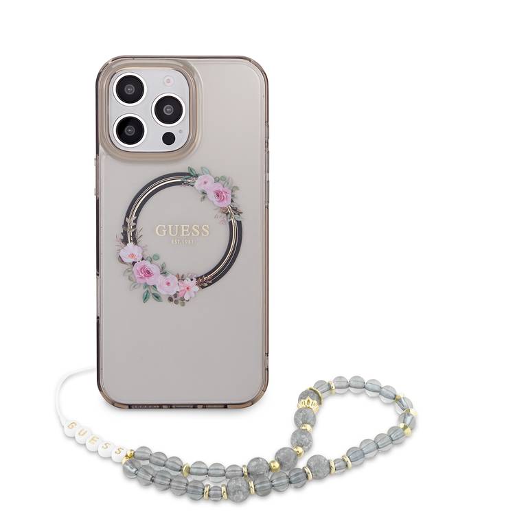 Guess Magsafe IML Hard Case for iPhone 16 Pro Max with Flower Wreath Design & Pearl Strap, Lightweight, Comfortable Grip, Drop Protection -Black 