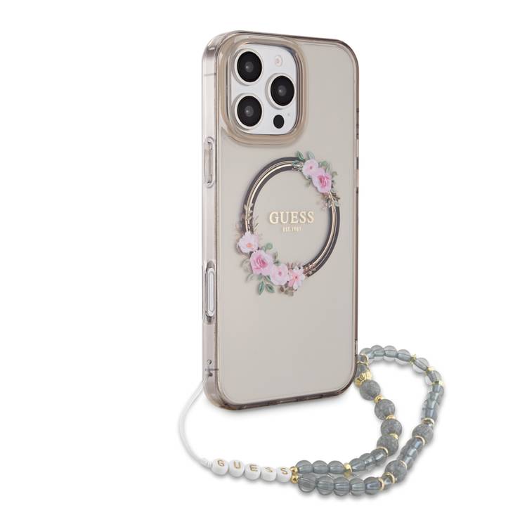 Guess Magsafe IML Hard Case for iPhone 16 Pro Max with Flower Wreath Design & Pearl Strap, Lightweight, Comfortable Grip, Drop Protection -Black 