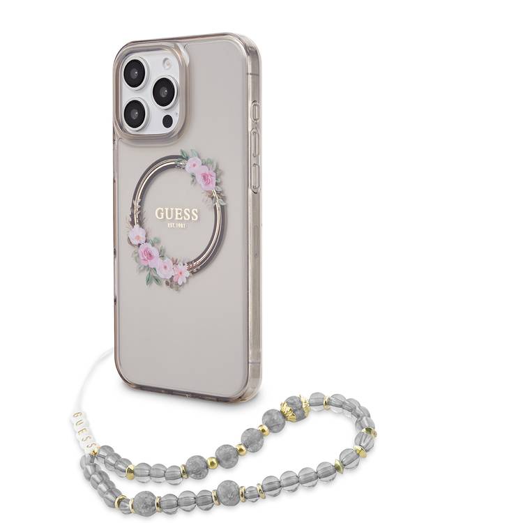 Guess Magsafe IML Hard Case for iPhone 16 Pro Max with Flower Wreath Design & Pearl Strap, Lightweight, Comfortable Grip, Drop Protection -Black 
