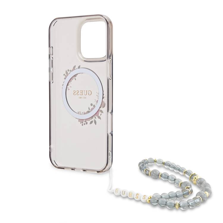 Guess Magsafe IML Hard Case for iPhone 16 Pro Max with Flower Wreath Design & Pearl Strap, Lightweight, Comfortable Grip, Drop Protection -Black 
