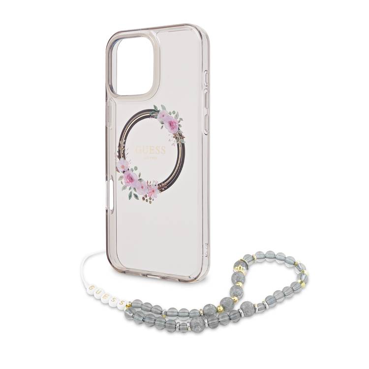 Guess Magsafe IML Hard Case for iPhone 16 Pro Max with Flower Wreath Design & Pearl Strap, Lightweight, Comfortable Grip, Drop Protection -Black 