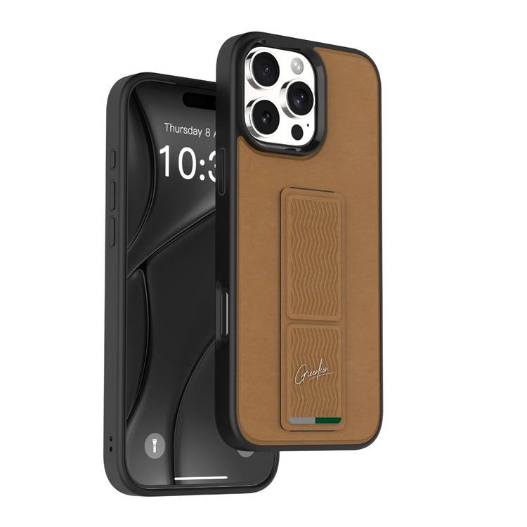 Green Lion Gripx Multi-Functional Kickstand Case for iPhone 16 Pro, Soft Touch, Anti Scratch, Drop Protection, Raised Edges, Camera Protection - Brown 