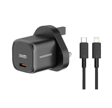 Porodo USB-C Power Delivery GaN Wall Charger with USB C to Lightning Cable, Over-Heat Protection, Universal Compatibility, Portable & Travel Friendly - Black