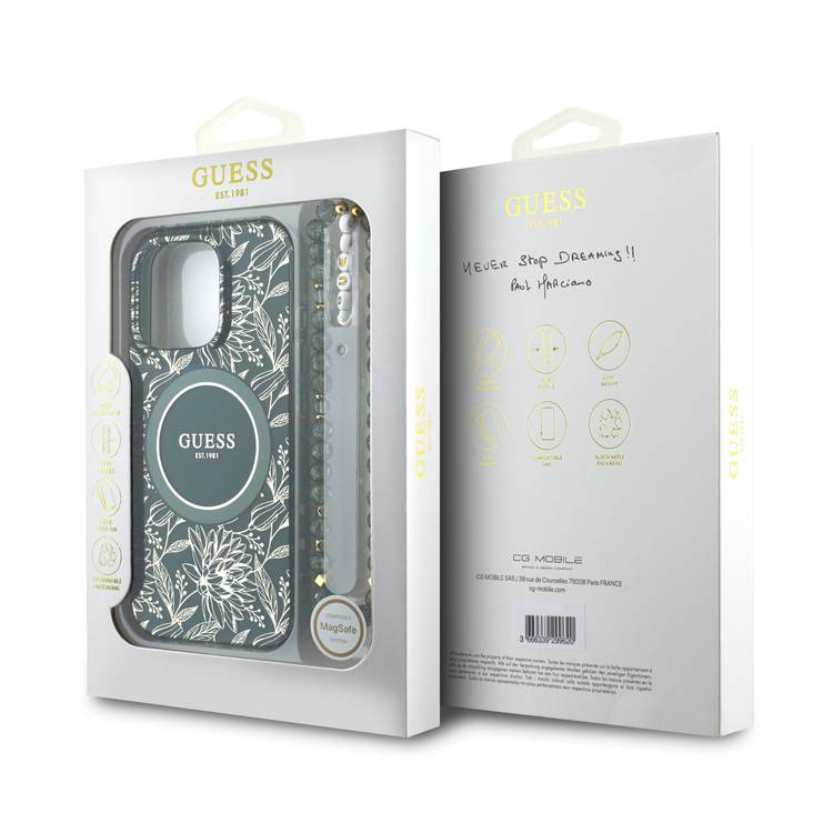 Guess Magsafe IML Hard Case with Pearl Strap & Electroplated Flower Design for iPhone 16 Pro Max, Easy Snap-on, Drop Protection, Comfortable Grip - Green