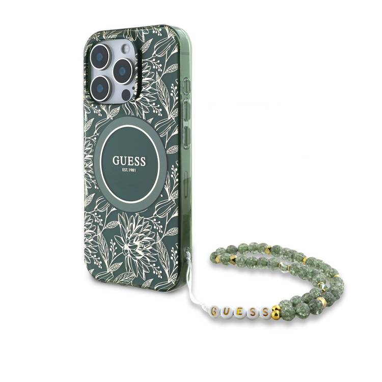 Guess Magsafe IML Hard Case with Pearl Strap & Electroplated Flower Design for iPhone 16 Pro Max, Easy Snap-on, Drop Protection, Comfortable Grip - Green