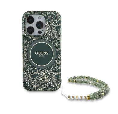 Guess Magsafe IML Hard Case with Pearl Strap & Electroplated Flower Design for iPhone 16 Pro Max, Easy Snap-on, Drop Protection, Comfortable Grip - Green