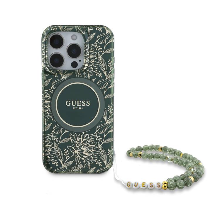Guess Magsafe IML Hard Case with Pearl Strap & Electroplated Flower Design for iPhone 16 Pro Max, Easy Snap-on, Drop Protection, Comfortable Grip - Green
