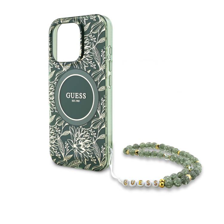 Guess Magsafe IML Hard Case with Pearl Strap & Electroplated Flower Design for iPhone 16 Pro Max, Easy Snap-on, Drop Protection, Comfortable Grip - Green