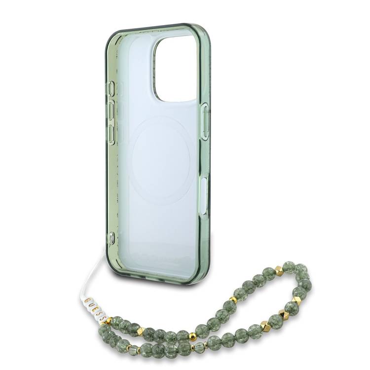 Guess Magsafe IML Hard Case with Pearl Strap & Electroplated Flower Design for iPhone 16 Pro Max, Easy Snap-on, Drop Protection, Comfortable Grip - Green