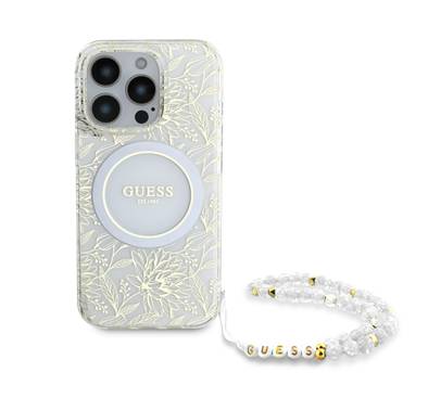 Guess Magsafe IML Hard Case with Pearl Strap & Electroplated Flower Design for iPhone 16 Pro Max, Easy Snap-on, Drop Protection, Comfortable Grip - White