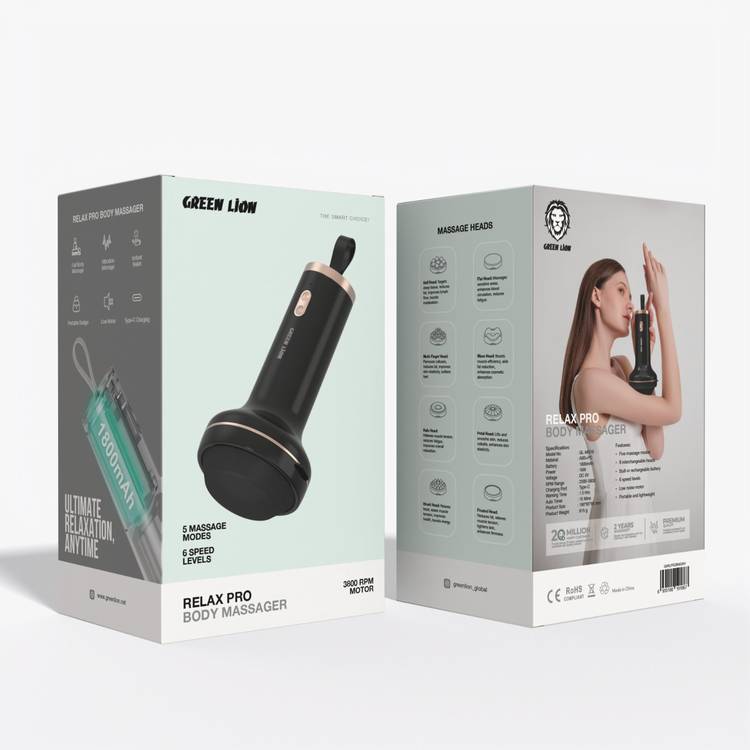 Green Lion Relax Pro Body Massager with 8 Interchangeable Heads, Five Massage Modes, Low Noise Motor, Portable Design, Type-C Charching - Black