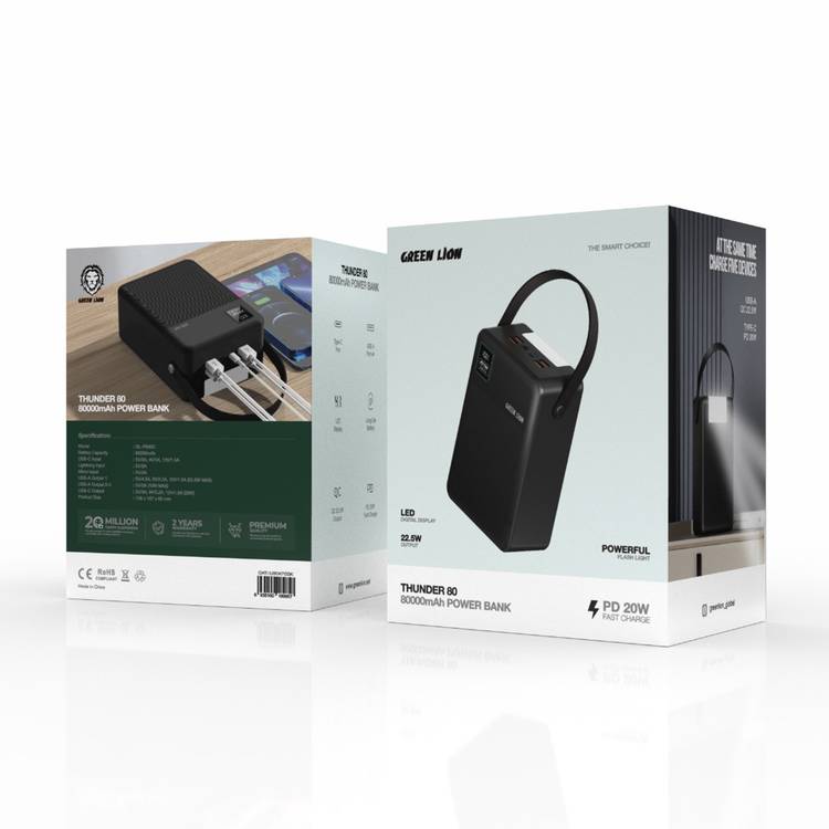 Green Lion Thunder 80 Power Bank, 80000mAh, PD 20W, QC 22.5W, Lightning & Micro Input, x4 USB-A Ports, LED Display - Black