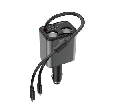 Green Lion Multiport 90W Car Charger, PD 30W, USB-C & Lightning Integrated Cable, 45W Cigarette Lighter, Overcurrent & Short Circuit Protection, LED Display - Black