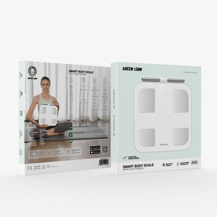 Green Lion Smart Body Scale with 8 Electrodes, 120-Day Battery Life, 180kg Load Capacity, 400mAh Battery, Wellness Monitoring Platform, Bluetooth Data Sync - White