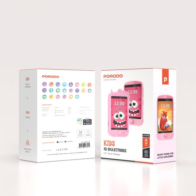 Porodo Kids 4G Smart Phone, 700mAh Battery Capacity, 24 Hours Normal Usage, 48 Hours Standby Time, SOS Calling, 2.8" Screen Size - Pink