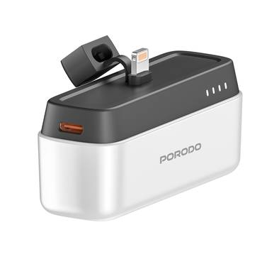 Porodo 5000mAh Power Bank with Lightning Connector, 20W Power Delivery, Small & Portable, 0% to 60% Charge in 35 Minutes, Pocket-Sized - White