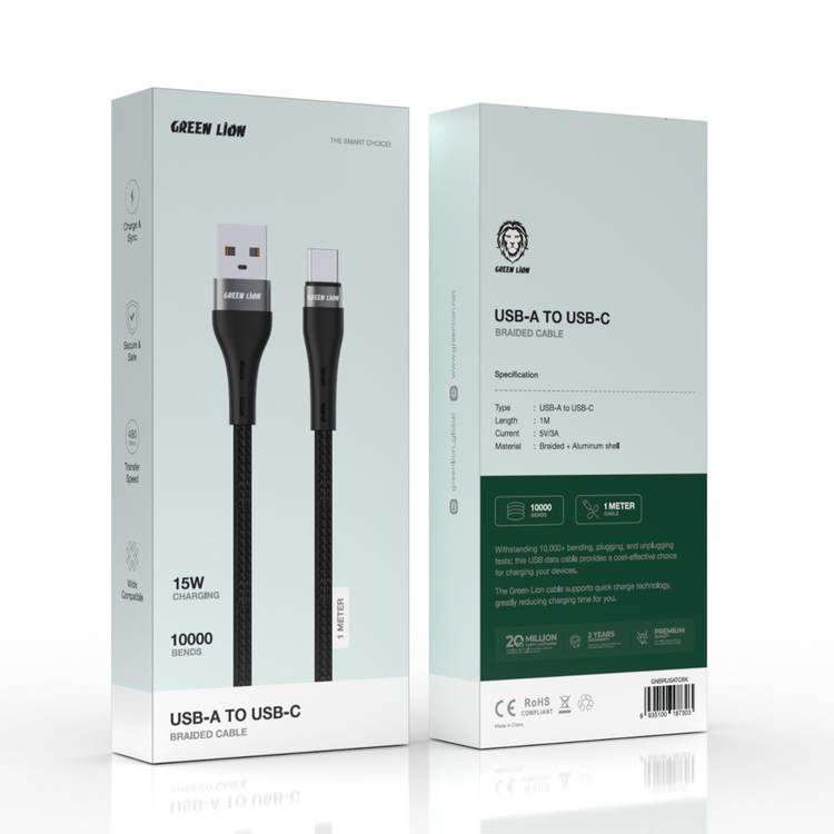  Green Lion USB-A to USB-C Braided Cable, 15W, Secure & Safe, Charge & Sync, Wide Compatibility, 1m Cable Length, 10000 Bends Life Span - Black