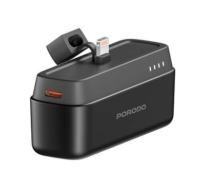 Porodo 5000mAh Power Bank with Lightning Connector, 20W Power Delivery, Small & Portable, 0% to 60% Charge in 35 Minutes, Pocket-Sized - Black