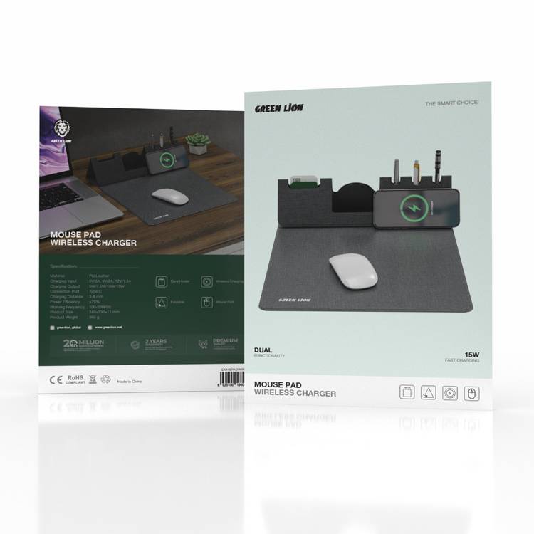 Green Lion Mouse Pad Wireless Charger, 15W, 3-8 mm Charging Distance, More than 70% Power Efficiency, Foldable - Gray