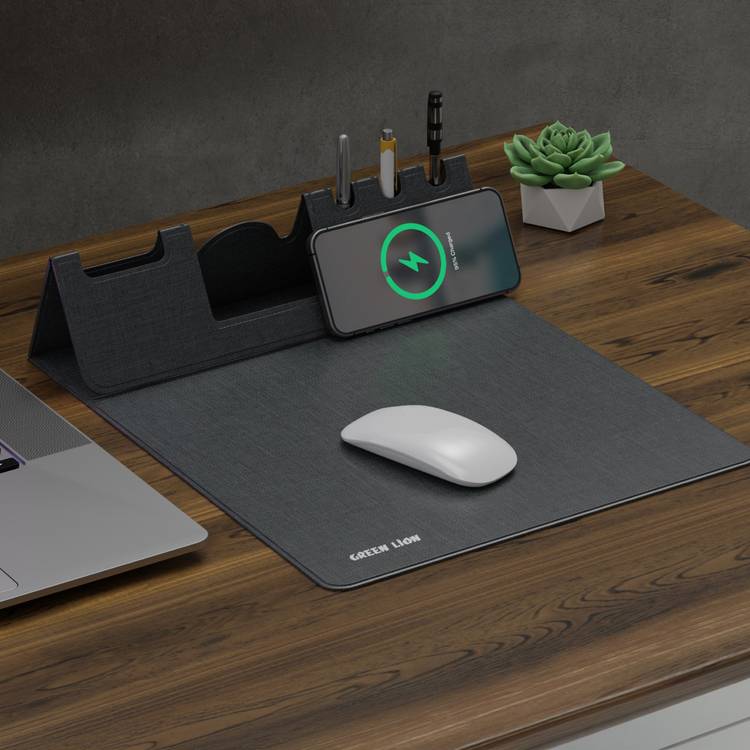 Green Lion Mouse Pad Wireless Charger, 15W, 3-8 mm Charging Distance, More than 70% Power Efficiency, Foldable - Gray