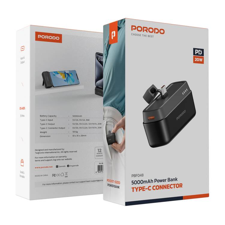 Porodo 5000mAh Power Bank with Type-C Connector, 20W Power Delivery, Small & Portable, 0% to 60% Charge in 35 Minutes, Pocket-Sized - Black